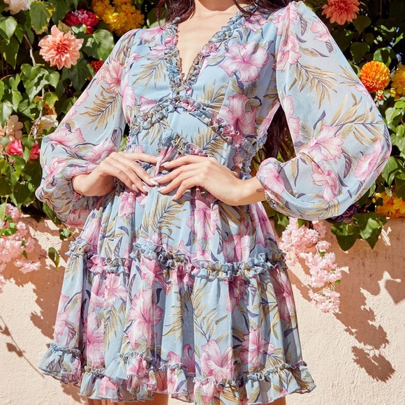 Blue pink chiffon ruffle open back sexy sun dress sheer mini - Picture 2 of 11